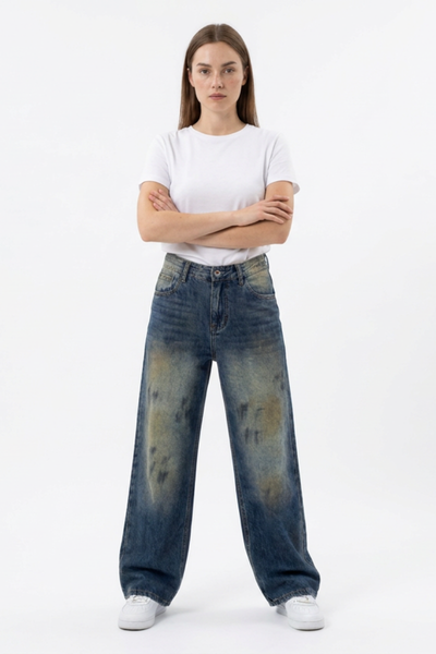 Women's Vintage Wash High Waist Straight Wide Leg Jeans