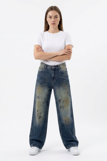 Women's Vintage Wash High Waist Straight Wide Leg Jeans