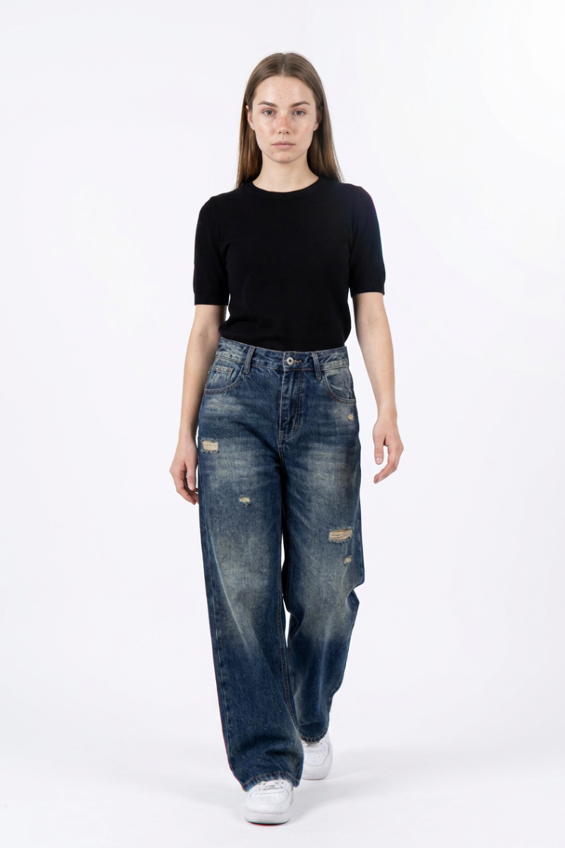 Women's Distressed High Waist Wide Leg Jeans