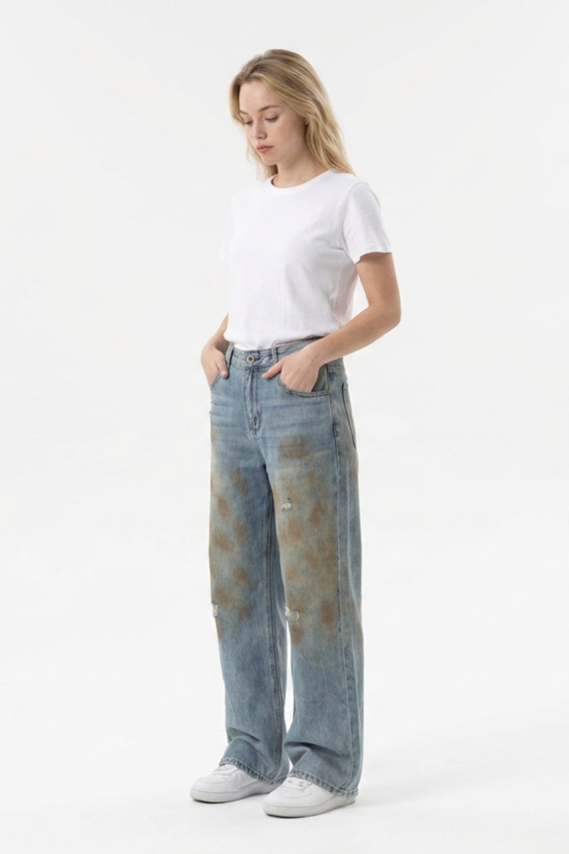 Women's Multi-Layer Dirty Wash High Waist Wide Leg Jeans