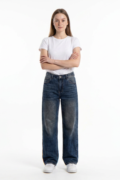 Women's Distressed Wash High Waist Straight Leg Jeans