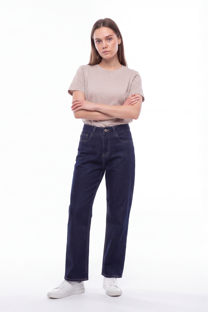 Women's Raw Denim Blue High Waist Straight Leg Jeans