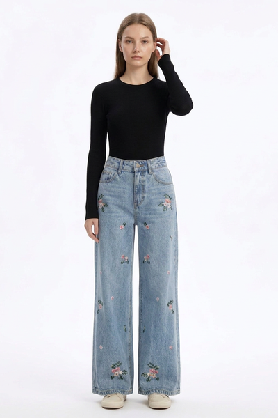 Women's Vintage Wash Embroidered High Waist Wide Leg Jeans