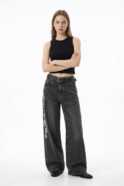 Women's Floral Embroidered High Waist Stretch Wide Leg Jeans