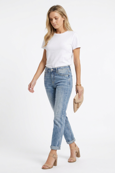 Women's Classic Washed High Waist Stretch Straight Leg Jeans