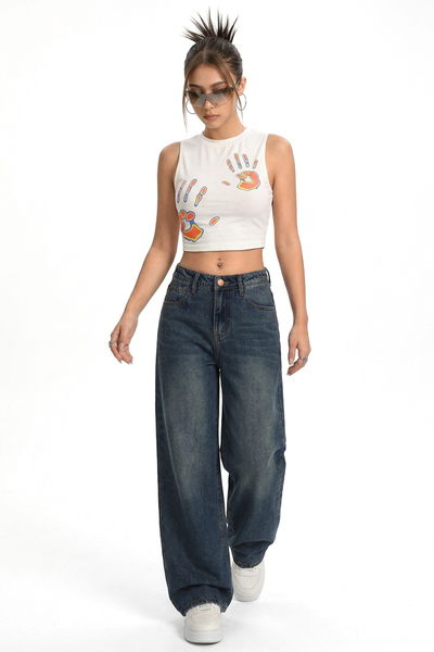 Women's Vintage Wash High Waist Loose Wide Leg Jeans