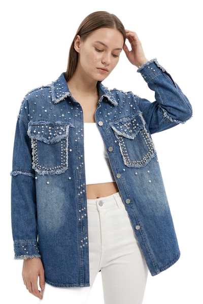 Women's Pearl Embellished Oversized Wash Denim Jacket