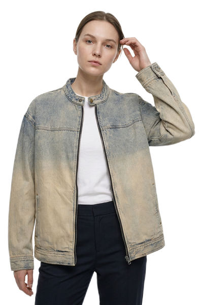Women's Washed Stand Collar Zip-Up Vintage Denim Jacket