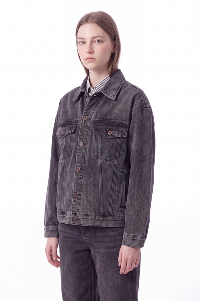 Women's Washed Black Grey Classic Denim Jacket