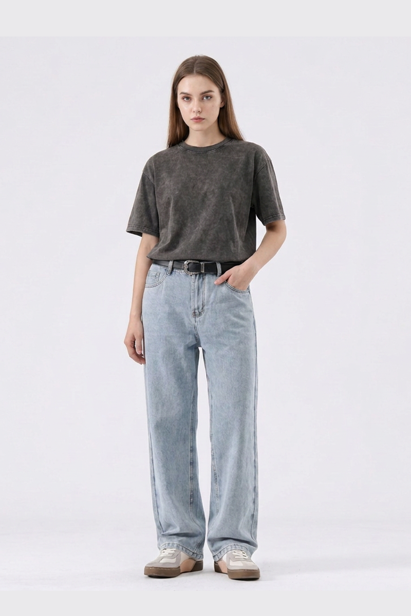 Women's Classic Bleach Wash High Waist Straight Leg Jeans