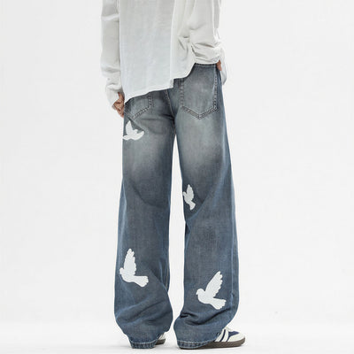 Men's Spring Dove Embroidered Baggy Wide Leg Denim Jeans