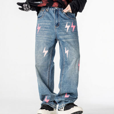 Men's Spring Washed Blue Pink Lightning Wide Leg Jeans