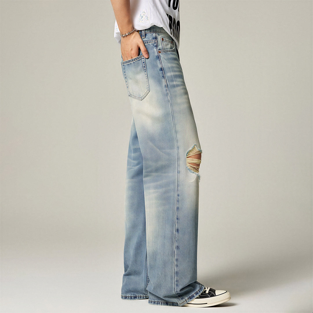 Men's Spring Light Blue Cat Whisker Ripped Denim Jeans