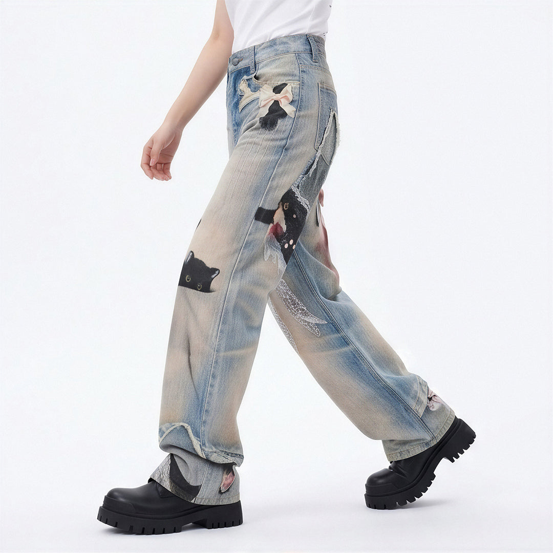 Men's Spring Vintage Blue Cat Print Bow Wide-Leg Denim Jeans