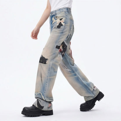 Men's Spring Vintage Blue Cat Print Bow Wide-Leg Denim Jeans