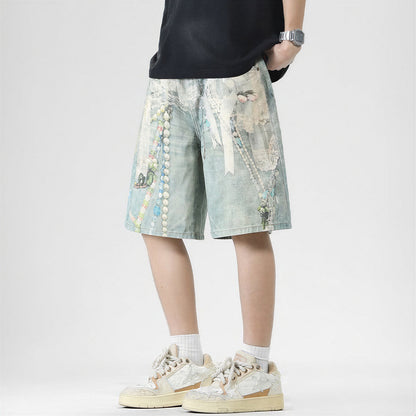Men's Summer Vintage Oil Painting Print Baggy Denim Shorts