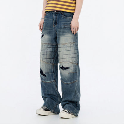 Men's Spring Vintage Blue Patchwork Distressed Denim Jeans