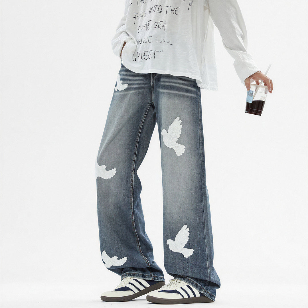 Men's Spring Dove Embroidered Baggy Wide Leg Denim Jeans