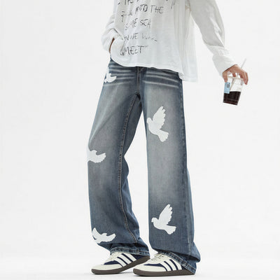 Men's Spring Dove Embroidered Baggy Wide Leg Denim Jeans