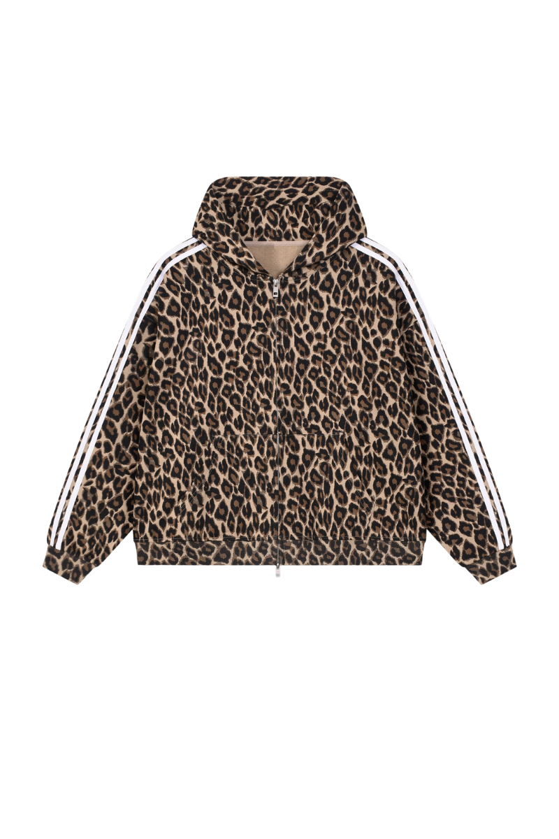 Unisex Fall Winter Vintage Leopard Zip-Up Hooded Jacket