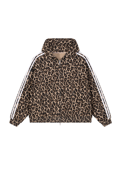Unisex Fall Winter Vintage Leopard Zip-Up Hooded Jacket
