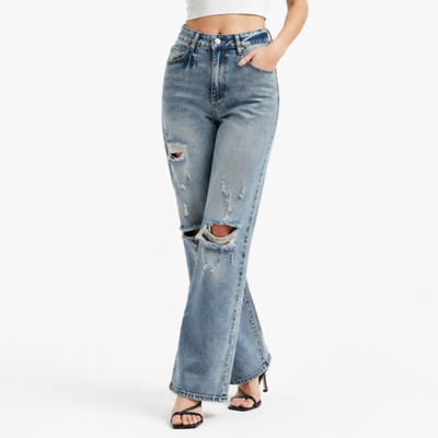 Women's High Waist Distressed Ripped Wide Leg Jeans