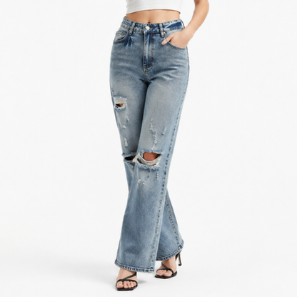 Women's High Waist Distressed Ripped Wide Leg Jeans