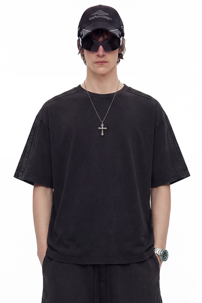 Unisex 275g Cotton Washed Raw Edge Patchwork Sports Tee