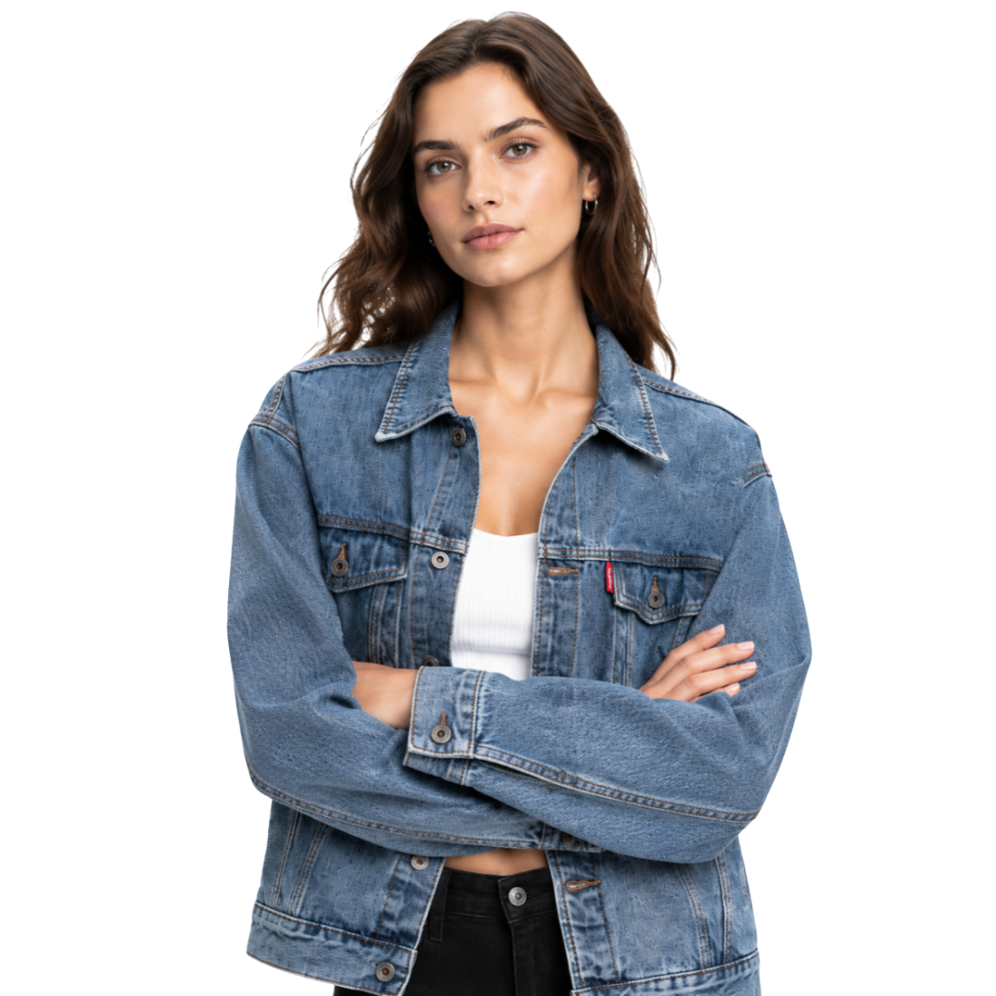 Women's Classic Blue Denim Jacket with Red Tag