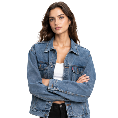 Women's Classic Blue Denim Jacket with Red Tag