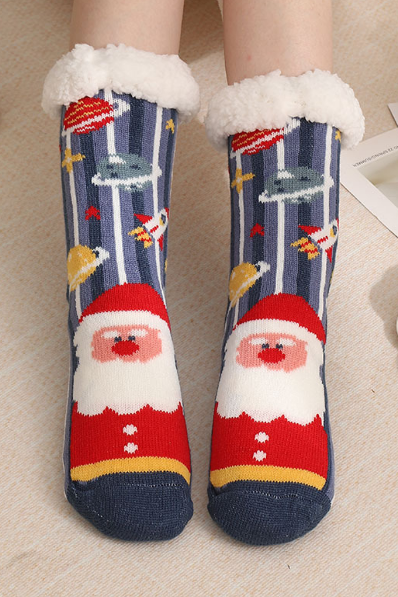 Women Winter Christmas Fleece Cuff Non Slip Slipper Socks