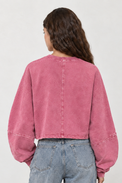 Women Fall Clothing Boxy Washed Raw Hem Cropped Sweatshirt