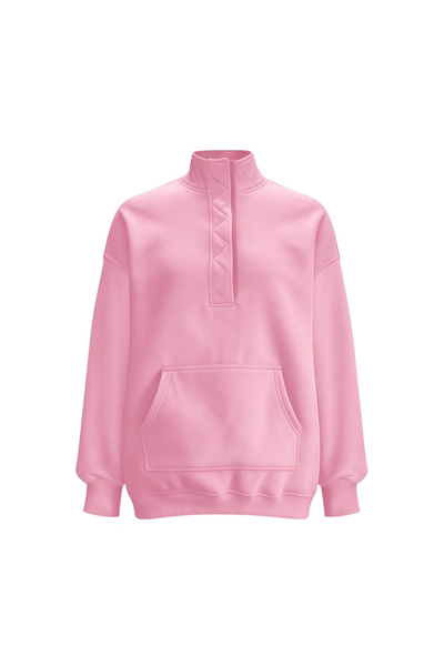 Women Fall Half Zip Snap Button Kangaroo Pocket Sweatshirt