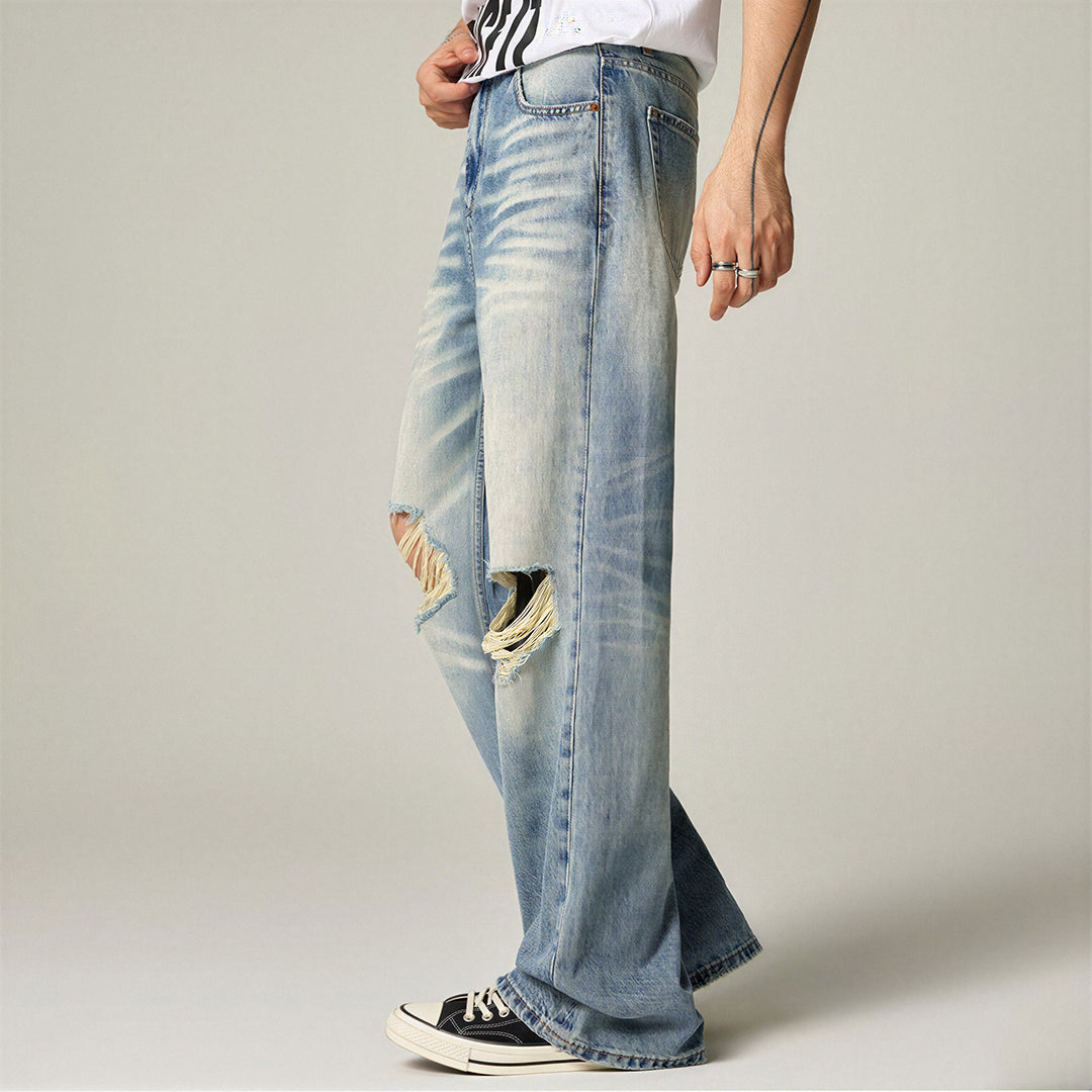 Men's Spring Light Blue Cat Whisker Ripped Denim Jeans