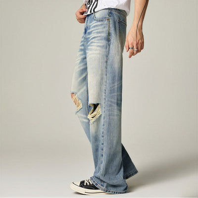 Men's Spring Light Blue Cat Whisker Ripped Denim Jeans