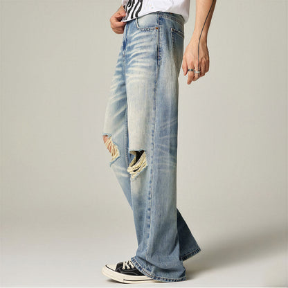 Men's Spring Light Blue Cat Whisker Ripped Denim Jeans