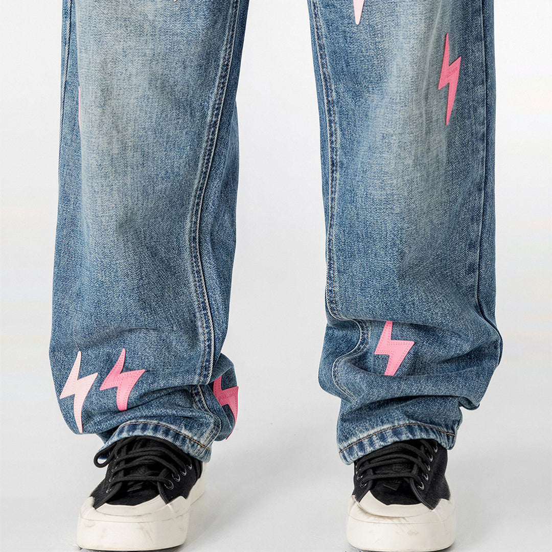 Men's Spring Washed Blue Pink Lightning Wide Leg Jeans