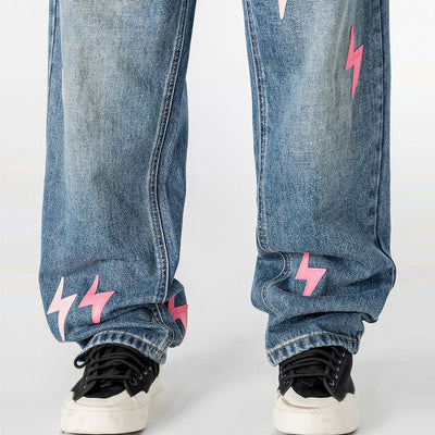 Men's Spring Washed Blue Pink Lightning Wide Leg Jeans