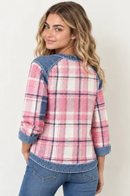 Women Fall Clothing Denim Plaid Patchwork Sweatshirt
