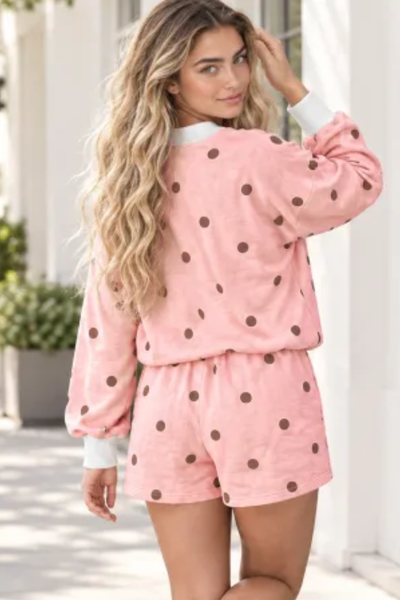 Women Summer Polka Dot Mock Neck Sweatshirt Shorts Set