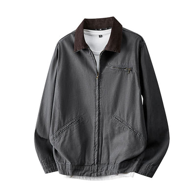 Men's Spring Contrast Collar Washed Denim Work Jacket