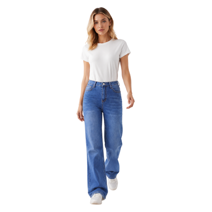 Women's Classic Blue Wash Relaxed High Waist Straight Jeans