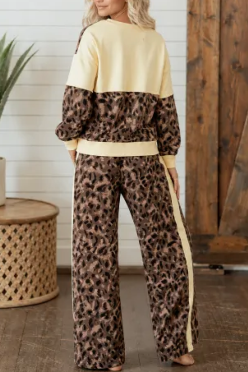 Women Fall Clothing Casual Leopard Color Block 2 Piece Set