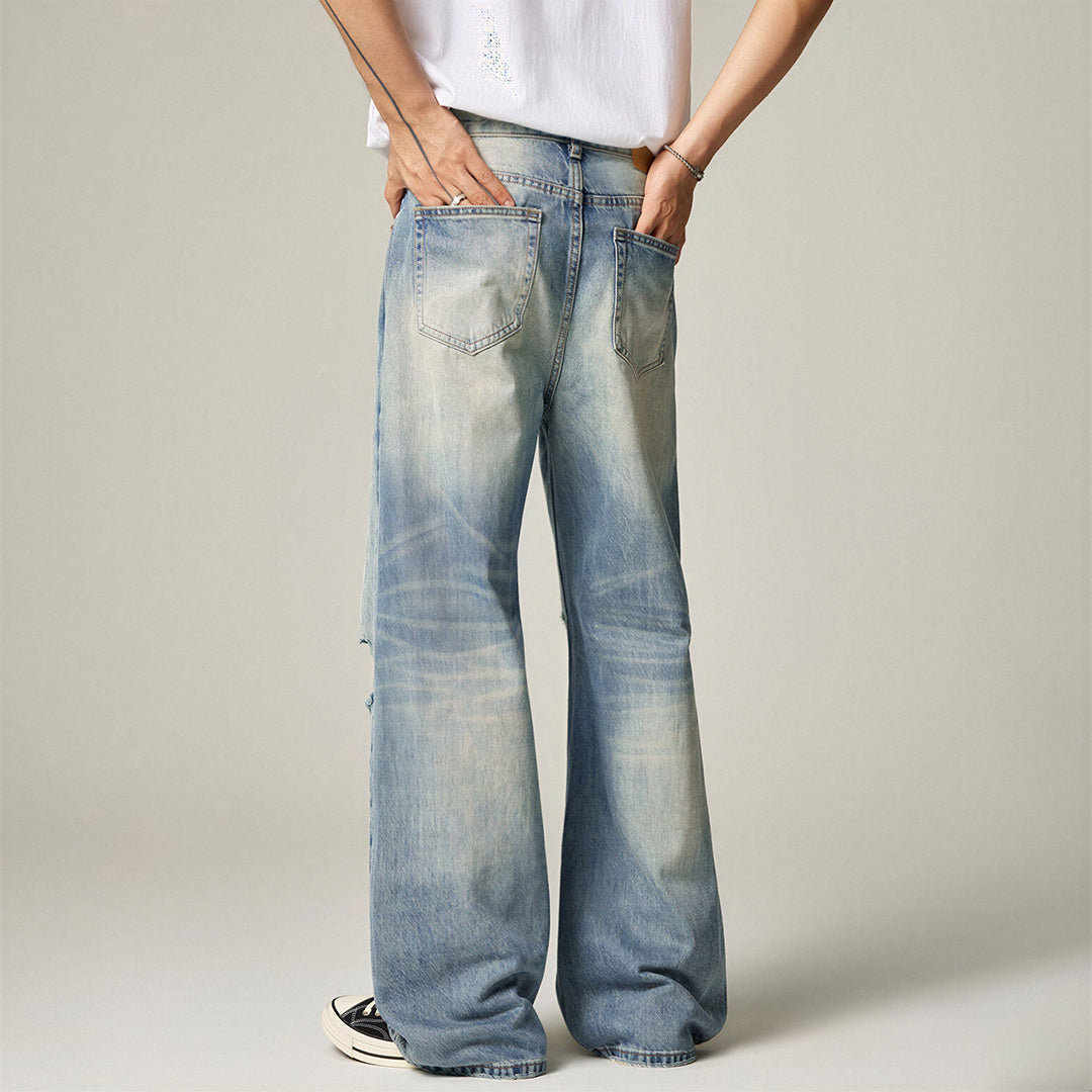 Men's Spring Light Blue Cat Whisker Ripped Denim Jeans