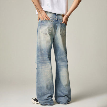 Men's Spring Light Blue Cat Whisker Ripped Denim Jeans
