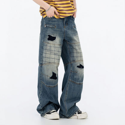 Men's Spring Vintage Blue Patchwork Distressed Denim Jeans