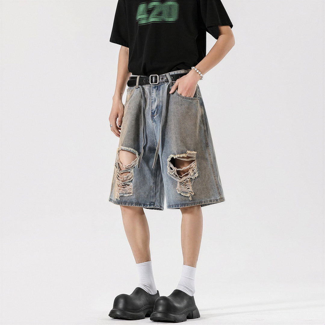 Men's Summer Heavy Ripped Vintage Washed Baggy Denim Shorts