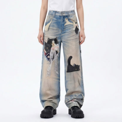 Men's Spring Vintage Blue Cat Print Bow Wide-Leg Denim Jeans