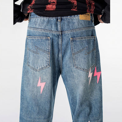 Men's Spring Washed Blue Pink Lightning Wide Leg Jeans