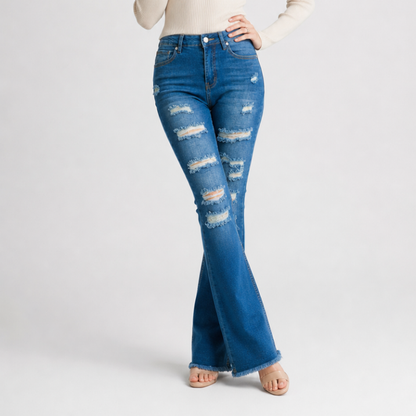 Women's Distressed Ripped Frayed Hem Stretch Flare Jeans